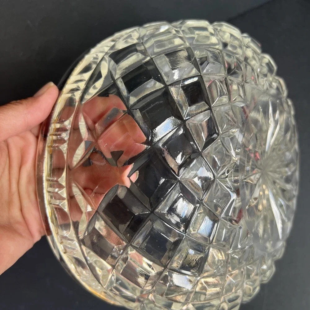 VTG Heavy Cut Glass Serving Bowl with Silver Plated Rim Large 8.25